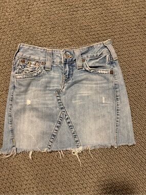 True Religion Light Blue Denim Mini Skirt with Frayed Hem